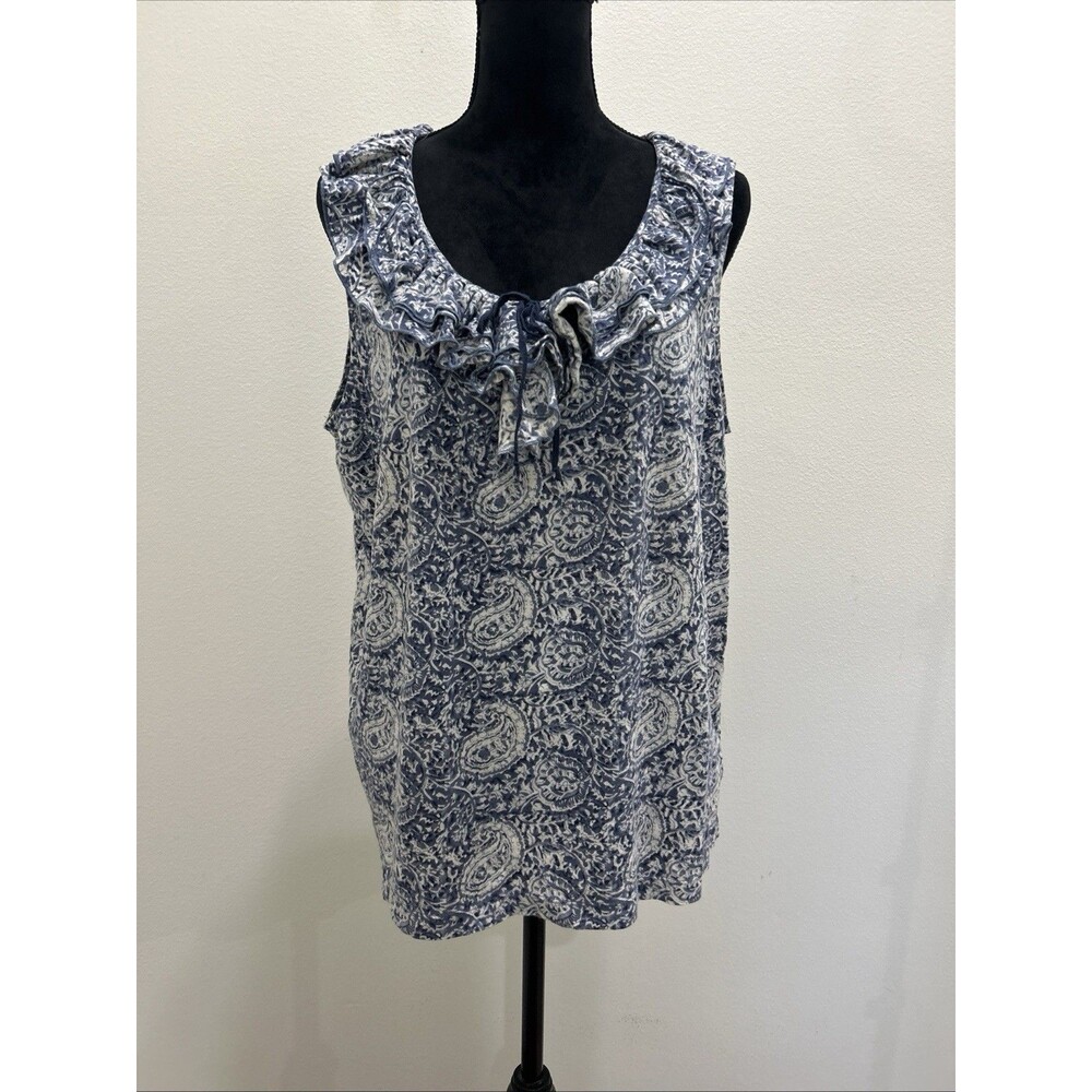 Lauren Jeans Co Womens 2X Blue Ruffle Front Top Paisley Sleeveless 100% Cotton
